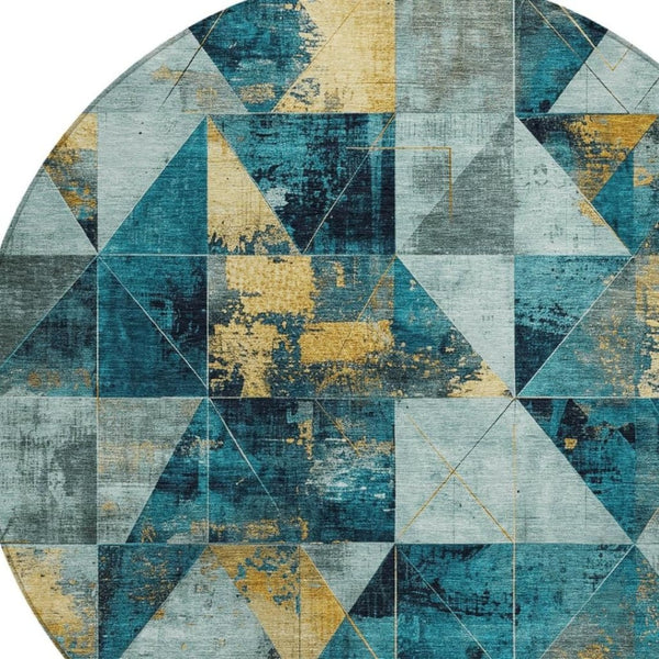 HomeRoots 8' Teal Blue & Gold Geometric Indoor Outdoor Area Rug – Stylish, Durable, & Washable for Any Space! 624075