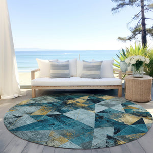 HomeRoots 8' Teal Blue & Gold Geometric Indoor Outdoor Area Rug – Stylish, Durable, & Washable for Any Space! 624075