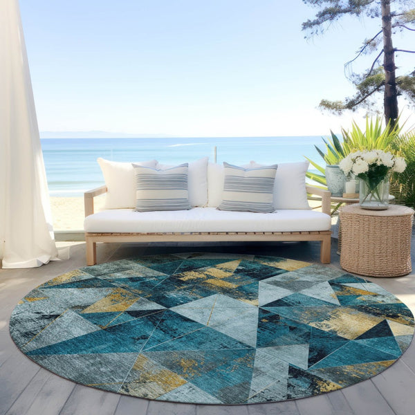 HomeRoots 8' Teal Blue & Gold Geometric Indoor Outdoor Area Rug – Stylish, Durable, & Washable for Any Space! 624075