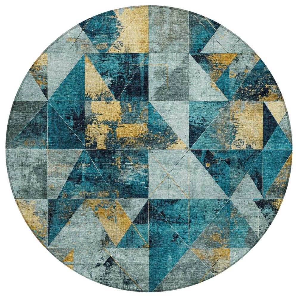 HomeRoots 8' Teal Blue & Gold Geometric Indoor Outdoor Area Rug – Stylish, Durable, & Washable for Any Space! 624075