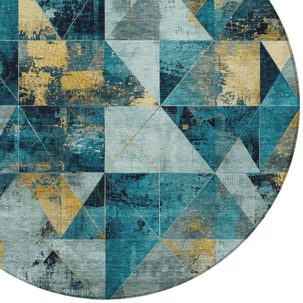 HomeRoots 8' Teal Blue & Gold Geometric Indoor Outdoor Area Rug – Stylish, Durable, & Washable for Any Space! 624075