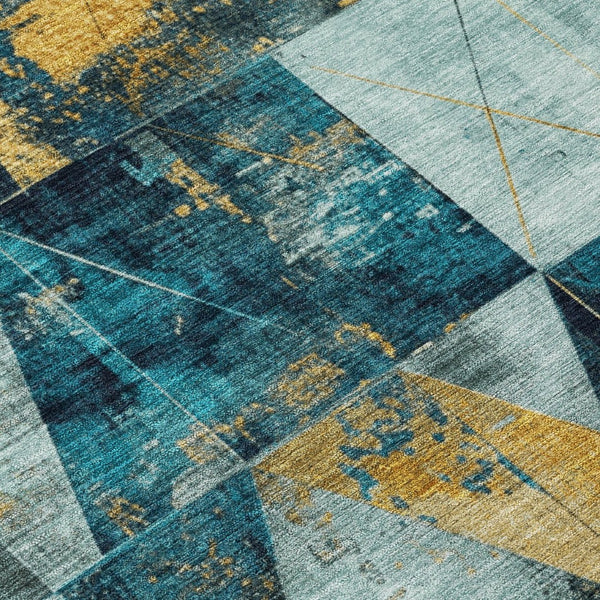 HomeRoots 8' Teal Blue & Gold Geometric Indoor Outdoor Area Rug – Stylish, Durable, & Washable for Any Space! 624075