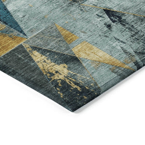HomeRoots 8' X 10' Teal Blue and Gold Geometric Area Rug - Durable, Washable, Indoor/Outdoor, Stylish Design! 624076