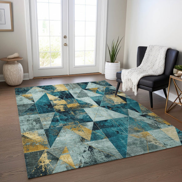 HomeRoots 8' X 10' Teal Blue and Gold Geometric Area Rug - Durable, Washable, Indoor/Outdoor, Stylish Design! 624076