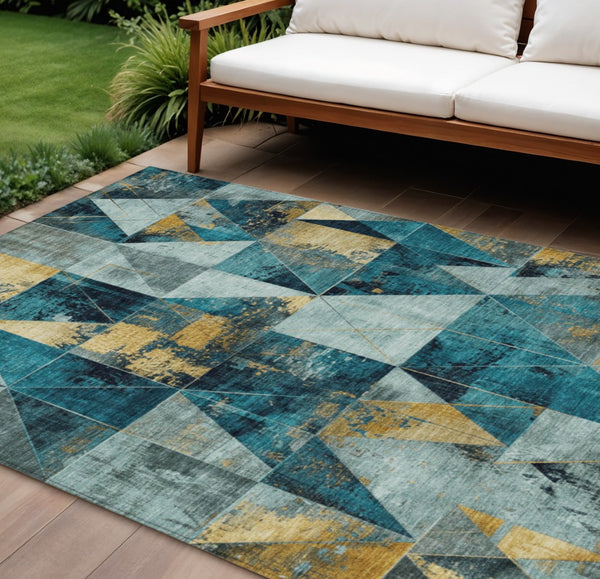 HomeRoots 9' Teal Blue and Gold Geometric Area Rug – Durable, Washable, Indoor/Outdoor Style for Any Space 624077