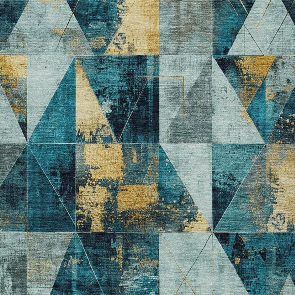 HomeRoots 9' Teal Blue and Gold Geometric Area Rug – Durable, Washable, Indoor/Outdoor Style for Any Space 624077
