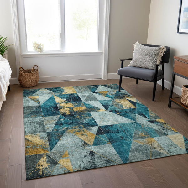 HomeRoots 9' Teal Blue and Gold Geometric Area Rug – Durable, Washable, Indoor/Outdoor Style for Any Space 624077