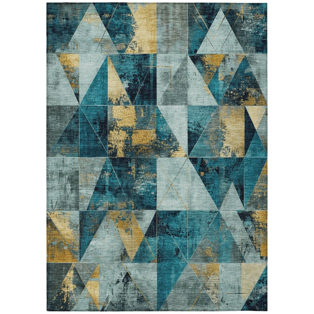 HomeRoots 10' Teal Blue and Gold Geometric Indoor Outdoor Area Rug - Soft, Durable, Machine Washable Design 624078