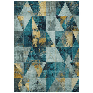 HomeRoots 10' Teal Blue and Gold Geometric Indoor Outdoor Area Rug - Soft, Durable, Machine Washable Design 624078