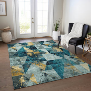 HomeRoots 10' Teal Blue and Gold Geometric Indoor Outdoor Area Rug - Soft, Durable, Machine Washable Design 624078