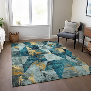 HomeRoots 10' Teal Blue and Gold Geometric Indoor Outdoor Area Rug - Soft, Durable, Machine Washable Design 624078