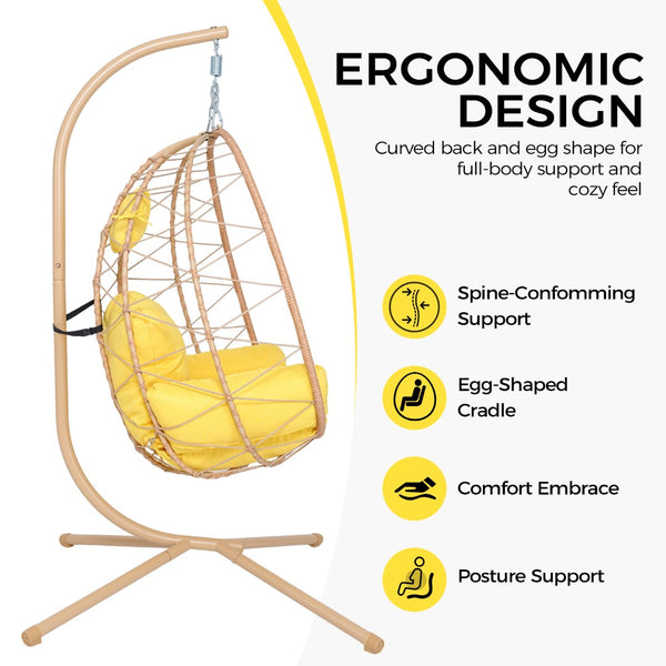 English Elm Hanging Egg Chair Wicker Swing with Stand Ergonomic Cradle for Patio or Bedroom T5880P497562