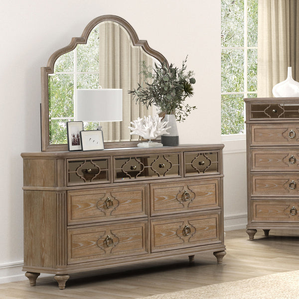 English Elm Simple Contemporary Chest of Drawers with Solid Wood Veneer, Felt-Lined Top Drawer & Metal Handles Oak,Rustic 22 L x 67 W x 39 H B2741P357505
