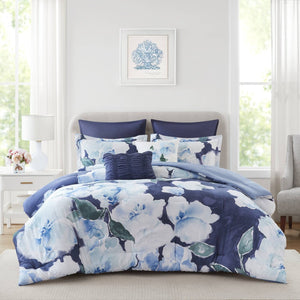 English Elm 7-piece Cal King Cotton Printed Comforter Set with Embroidered Decorative Pillows Blue Multi B035P482994