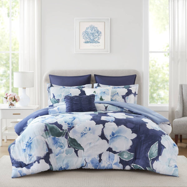 English Elm 7-piece Cal King Cotton Printed Comforter Set with Embroidered Decorative Pillows Blue Multi B035P482994