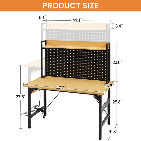 English Elm 48''adjustable Rolling Workbench Steel Frame Pegboard Outlets Garage Workshop W1162P223029