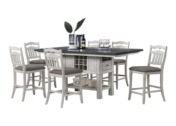 English Elm Antique Counter Height Dining Table 60" with 18" Leaf, Distressed White-Grey Finish, Built-In Wine Storage B011S01887