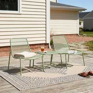 English Elm Kincaid Outdoor Iron Mesh Conversation Set Rust Resistant Patio Chairs with Side Table Matte Green N775P392159G