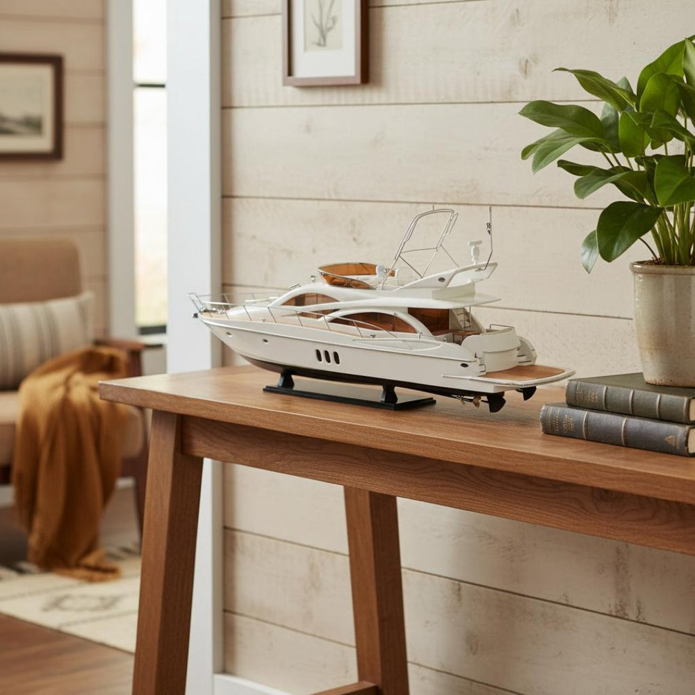 HomeRoots 14" Hand-Painted Model Boat - Vintage Unfinished Wood Décor for Coastal Charm & Unique Gifting 624219