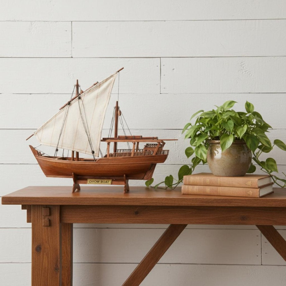 HomeRoots 11" Hand-Painted Wooden Model Boat - Vintage Nautical Charm for Home Decor & Thoughtful Gifts 624239
