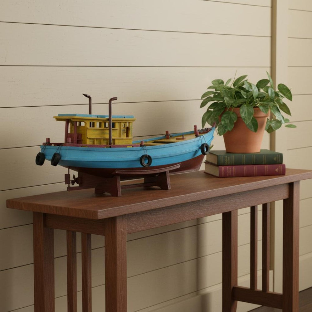 HomeRoots 13" Hand-Painted Unfinished Wood Model Boat - Vintage Nautical Decor for Home & Gift Giving 624240
