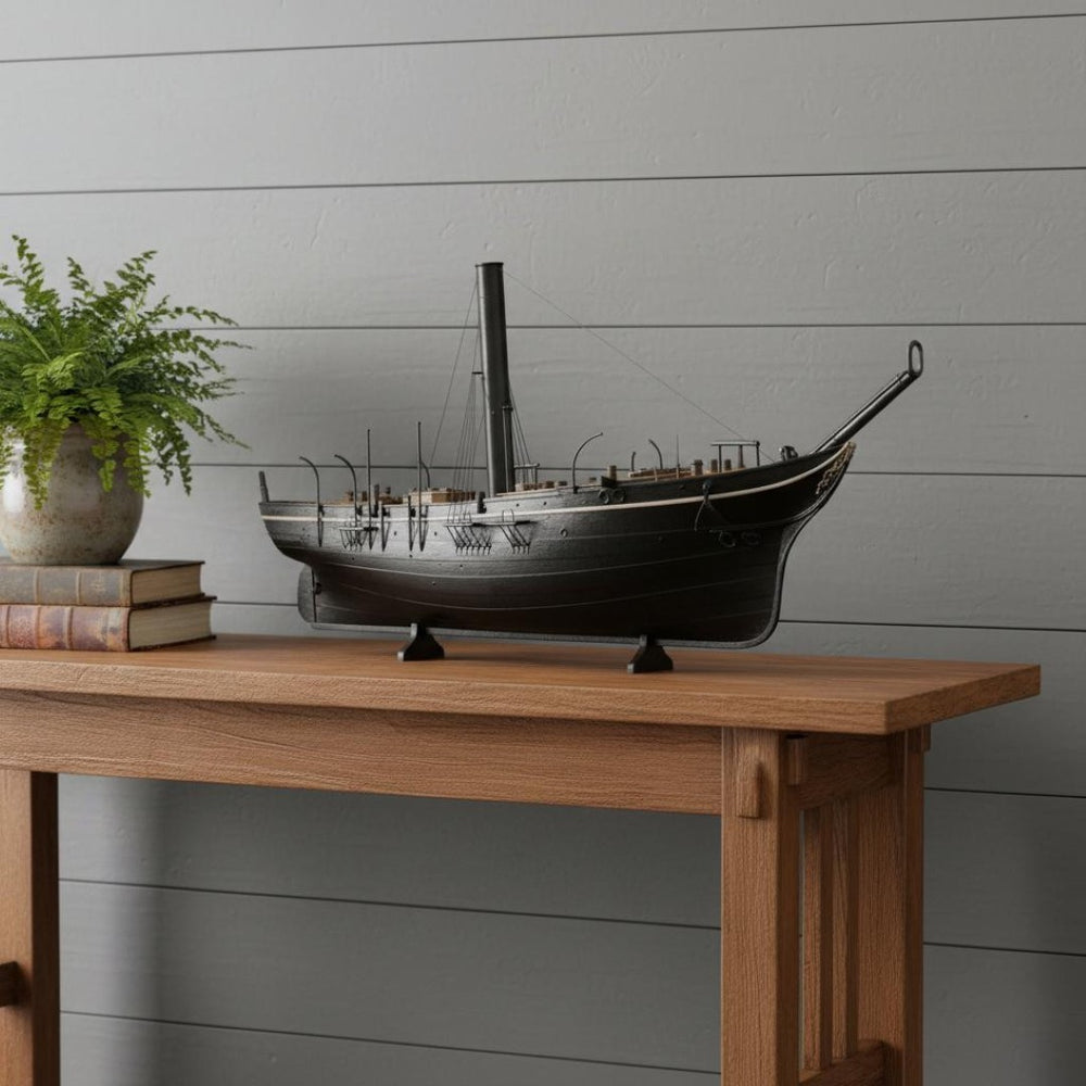 HomeRoots 10" Vintage Nautical Charm Hand-Painted Wood Model Boat for Coastal Decor & Unique Gifts 624308