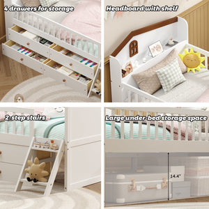 English Elm Twin Bed Frame with Storage Drawers and House Headboard, Kids Platform Bed with Guardrail Ladder and Shelf White 49.3 L x 16.25 W x 7.75 H N733S278032K