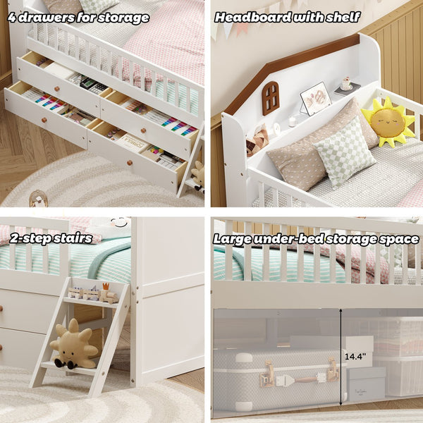English Elm Twin Bed Frame with Storage Drawers and House Headboard, Kids Platform Bed with Guardrail Ladder and Shelf White 49.3 L x 16.25 W x 7.75 H N733S278032K