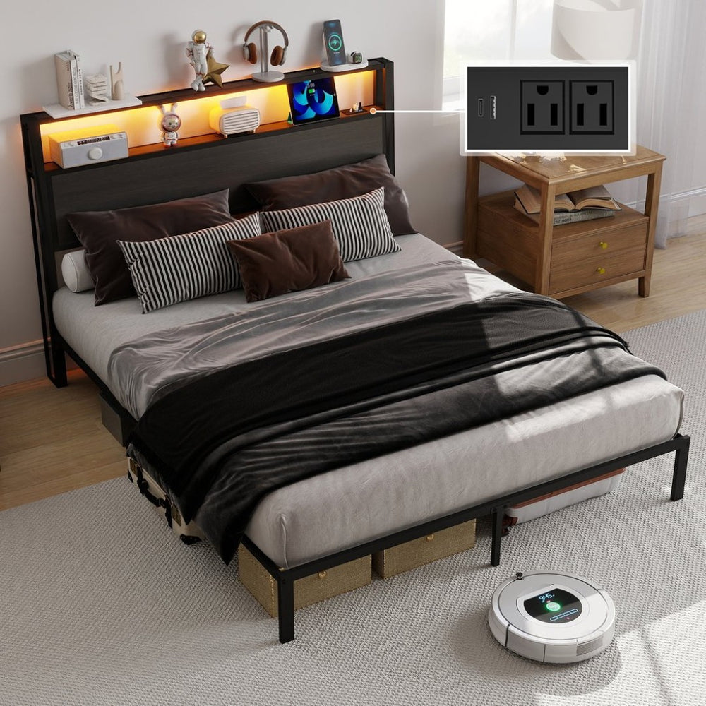 English Elm Queen Metal Platform Bed Rgb Led Headboard Charging Ports Under Storage 800lb Dark Grey T3963P491447