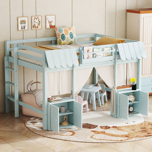 English Elm Full Loft Bed With Playful Cottage Design, Built-In Bookshelf, Curtain & Safety Guardrails For Kids W1580S00360