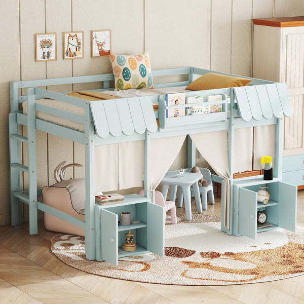 English Elm Full Loft Bed With Playful Cottage Design, Built-In Bookshelf, Curtain & Safety Guardrails For Kids W1580S00360