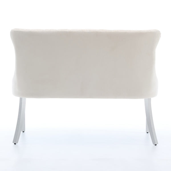 English Elm Velvet Wingback Dining Bench Tufted Two Seat Mid Century Modern Brushed Steel Base Beige W1143P406980