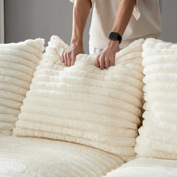 English Elm 102.4" Plush Corduroy 4-Seat Sofa — Convertible Deep-Seat Cloud Couch with Removable Backrest, Foam Pillows Beige+White W1885P333641