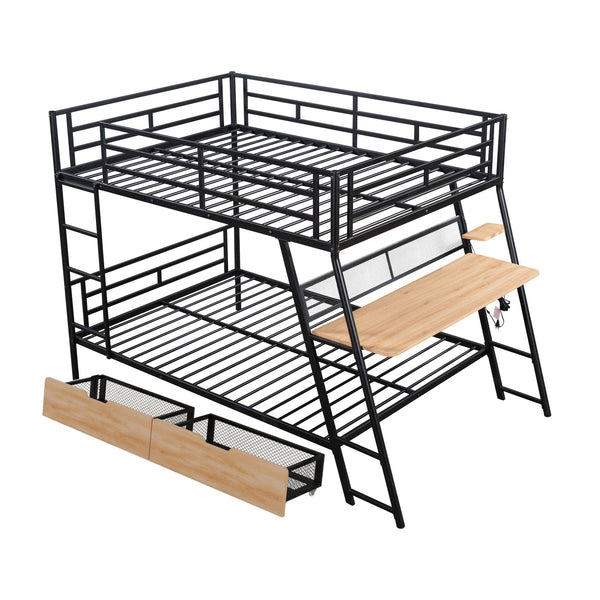 English Elm Full Full Size Metal Bunk Bed with Built-in Desk, Light, 2 Drawers, Shelves, Sturdy Space-Saver Black GX001517AAB