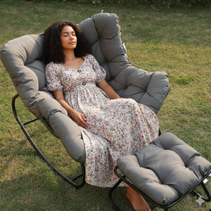 English Elm Dark Wicker Egg Rocking Chair with Ottoman Outdoor Pe Woven Patio Lounge Set Gray B082P455170
