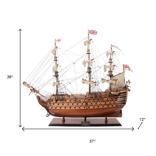 HomeRoots 36" Hand-Painted Unfinished Wood Model Boat - Unique Nautical Centerpiece for Coastal Decor Lovers 624632