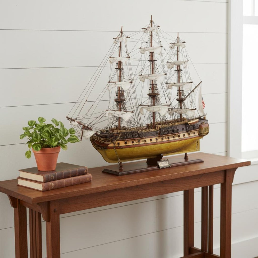 HomeRoots 13" Hand-Painted Unfinished Wood Model Boat – Vintage Nautical Decor for Home & Thoughtful Gifts 624640