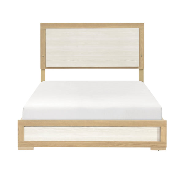 English Elm Contemporary LED Panel Queen Bed with Integrated Lighting, Sleek Wooden Frame and Modern Headboard Design Natural,White 67.5 L x 30.5 W x 5.5 H B011S01704