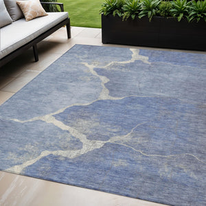 HomeRoots 5' Denim Blue & Beige Abstract Washable Area Rug - Perfect for Indoor & Outdoor High-Traffic Spaces! 624696
