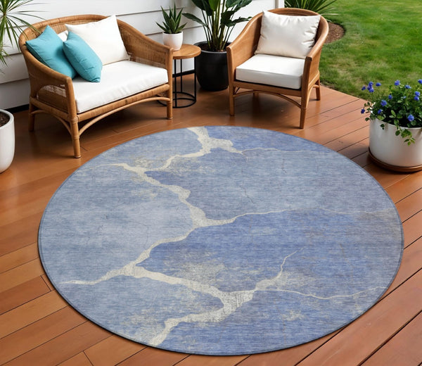 HomeRoots 8' Round Abstract Denim Blue and Beige Area Rug - Stylish, Washable, Durable for Indoor & Outdoor Use 624697