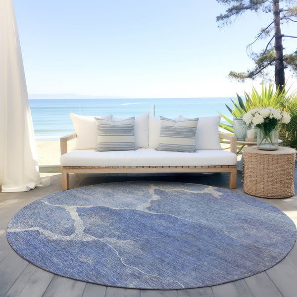 HomeRoots 8' Round Abstract Denim Blue and Beige Area Rug - Stylish, Washable, Durable for Indoor & Outdoor Use 624697