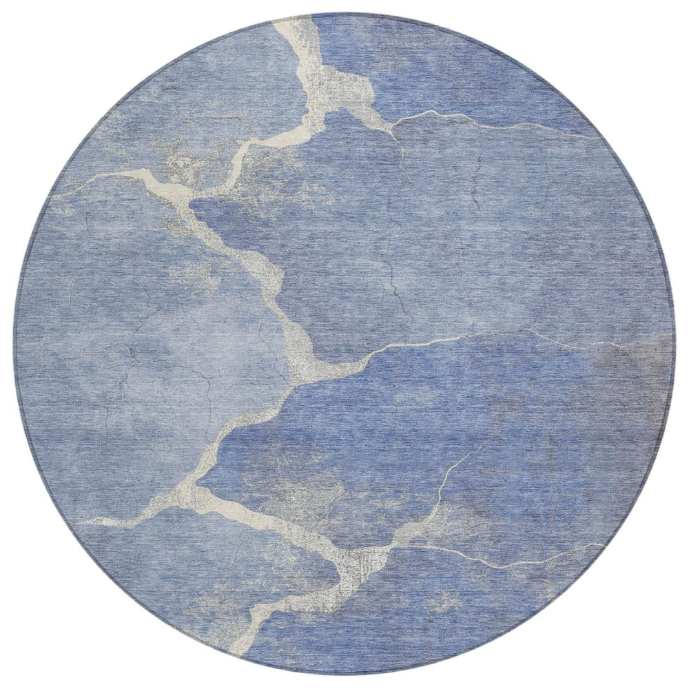 HomeRoots 8' Round Abstract Denim Blue and Beige Area Rug - Stylish, Washable, Durable for Indoor & Outdoor Use 624697