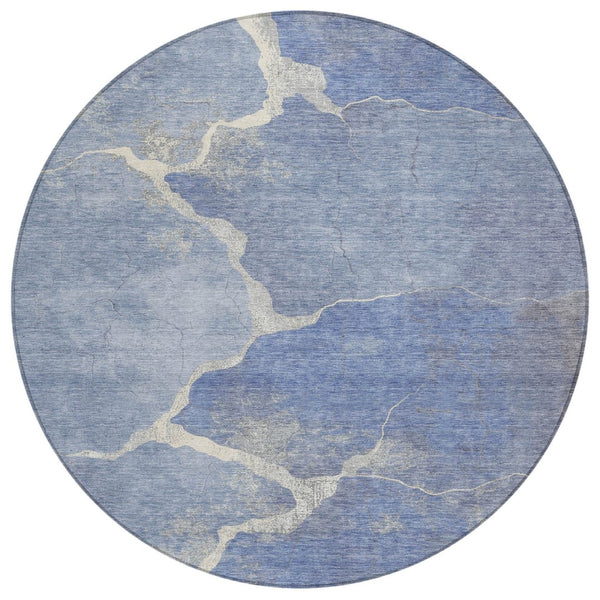 HomeRoots 8' Round Abstract Denim Blue and Beige Area Rug - Stylish, Washable, Durable for Indoor & Outdoor Use 624697