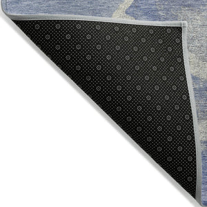 HomeRoots 8' Round Abstract Denim Blue and Beige Area Rug - Stylish, Washable, Durable for Indoor & Outdoor Use 624697