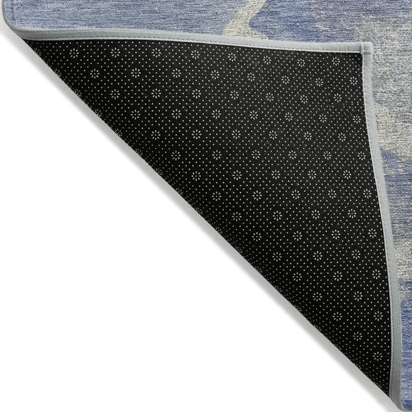 HomeRoots 8' Round Abstract Denim Blue and Beige Area Rug - Stylish, Washable, Durable for Indoor & Outdoor Use 624697
