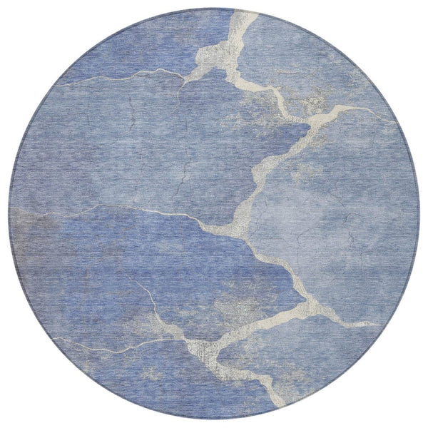 HomeRoots 8' Round Abstract Denim Blue and Beige Area Rug - Stylish, Washable, Durable for Indoor & Outdoor Use 624697