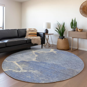 HomeRoots 8' Round Abstract Denim Blue and Beige Area Rug - Stylish, Washable, Durable for Indoor & Outdoor Use 624697