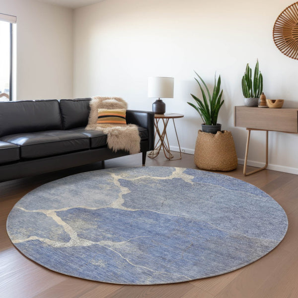 HomeRoots 8' Round Abstract Denim Blue and Beige Area Rug - Stylish, Washable, Durable for Indoor & Outdoor Use 624697