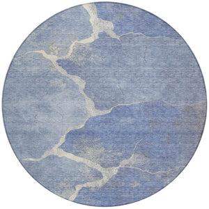 HomeRoots 8' Round Abstract Denim Blue and Beige Area Rug - Stylish, Washable, Durable for Indoor & Outdoor Use 624697