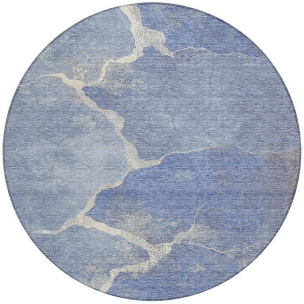 HomeRoots 8' Round Abstract Denim Blue and Beige Area Rug - Stylish, Washable, Durable for Indoor & Outdoor Use 624697